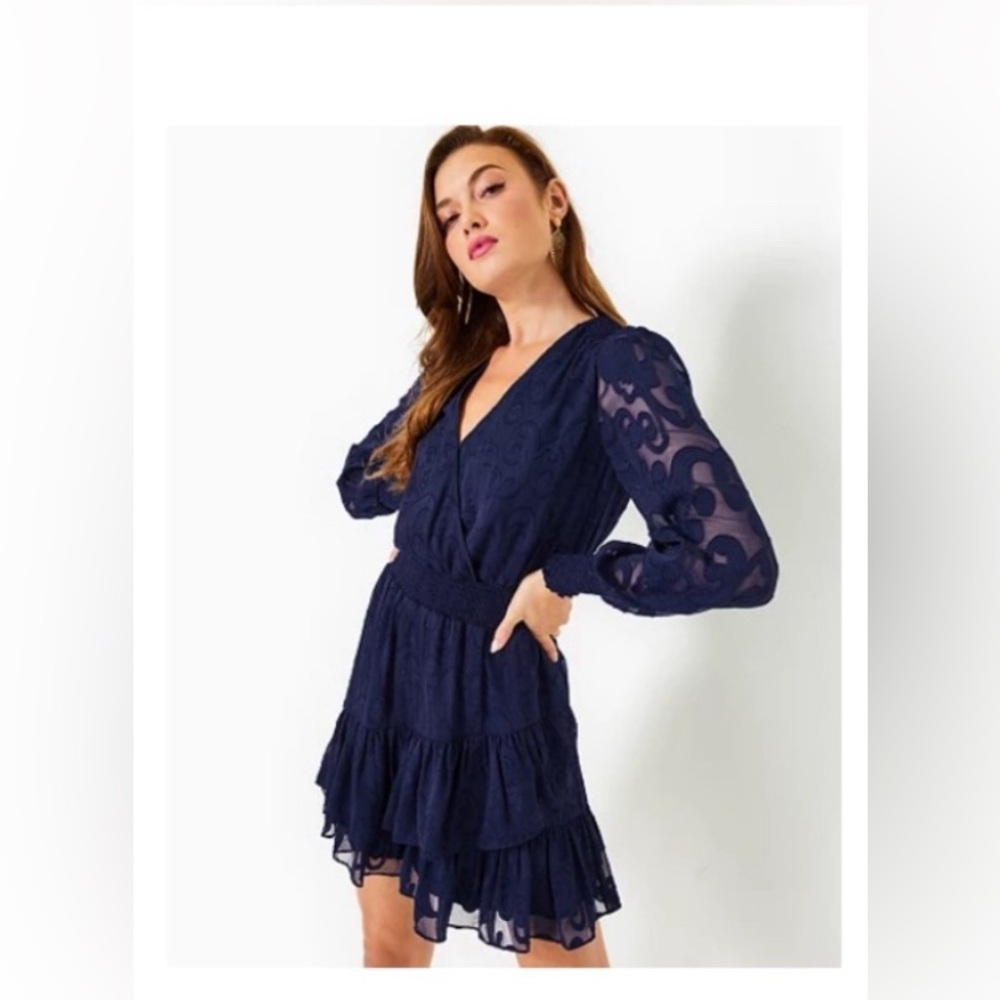 NWT Cristiana Long Sleeve Lilly Pulitzer Dress in True Navy Poly Crepe, Size 00